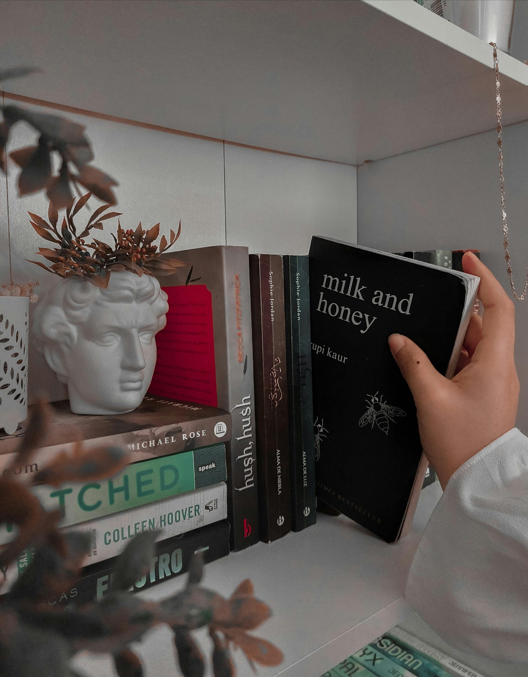 A hand selects 'Milk and Honey' from a neatly arranged bookshelf, showcasing diverse literature.